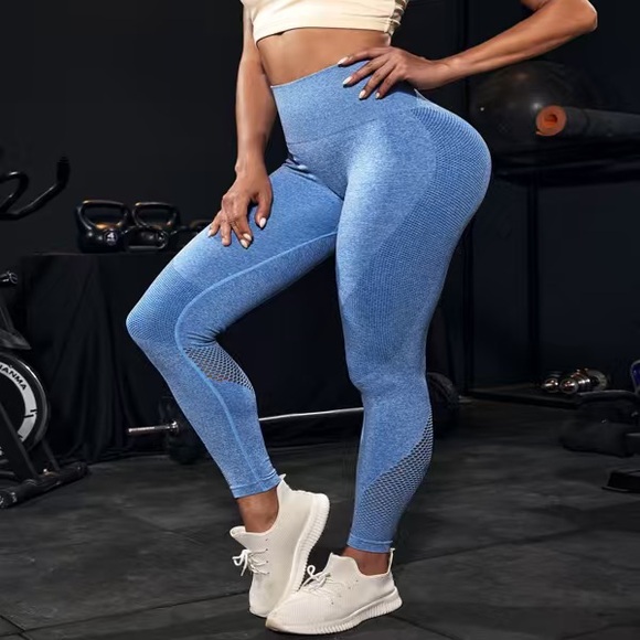 Blue Women's High Waist High Stretch Fishnet Gym Sports Yoga Pants Leggings (M) - Picture 5 of 6
